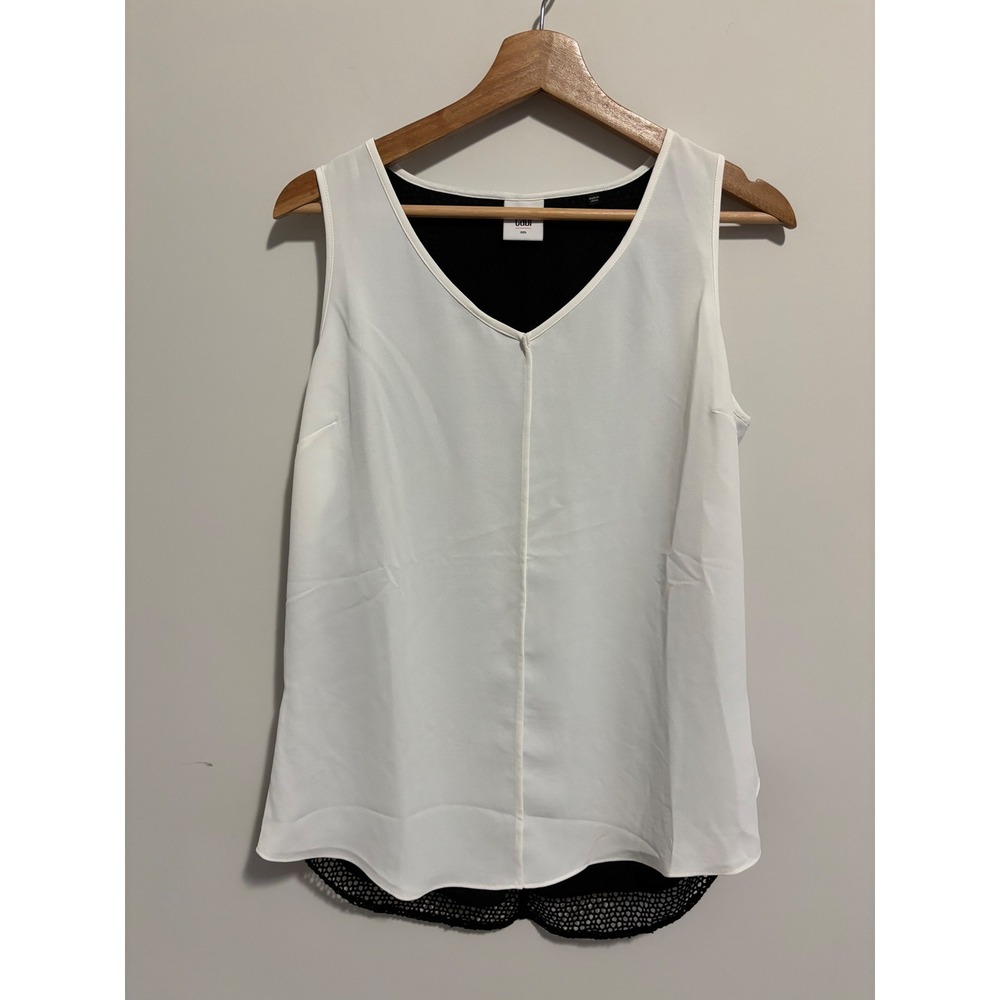 Cabi Sleeveless V-Neck Blouse White Black Mesh Crossover Tulip Back Top Size S